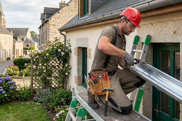 Artisan zingueur réparant une gouttière